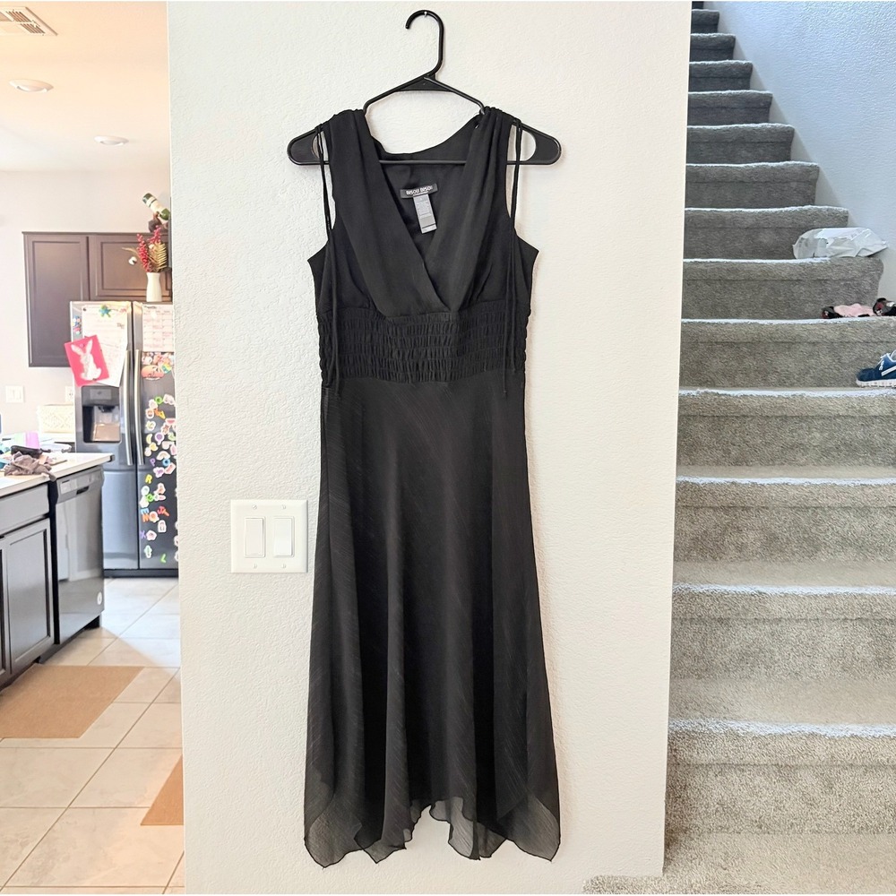 Bisou Bisou Black Metallic Pinstripe Smocked Waist Handkerchief Hem Dress SIZE 8 - Picture 3 of 9